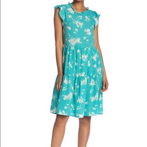 Women's GOOD LUCK GEM Teal Floral Tiered Dress M